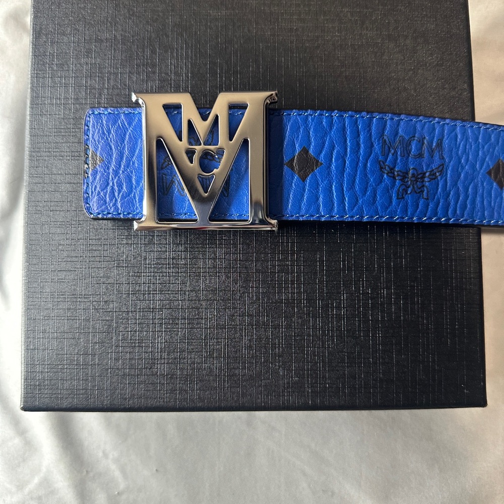 MCM Blue Leather Belt with Silver Buckle